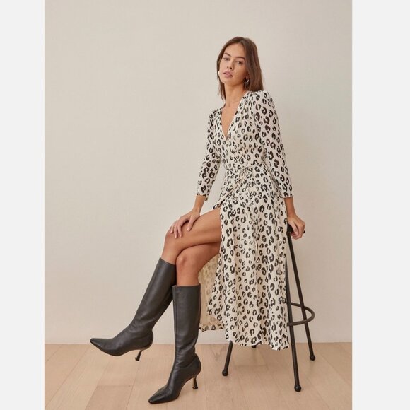 NEW Reformation Melba Wrap Dress Snow Leopard XL Long Sleeve Midi Quiet Luxury - Picture 3 of 16